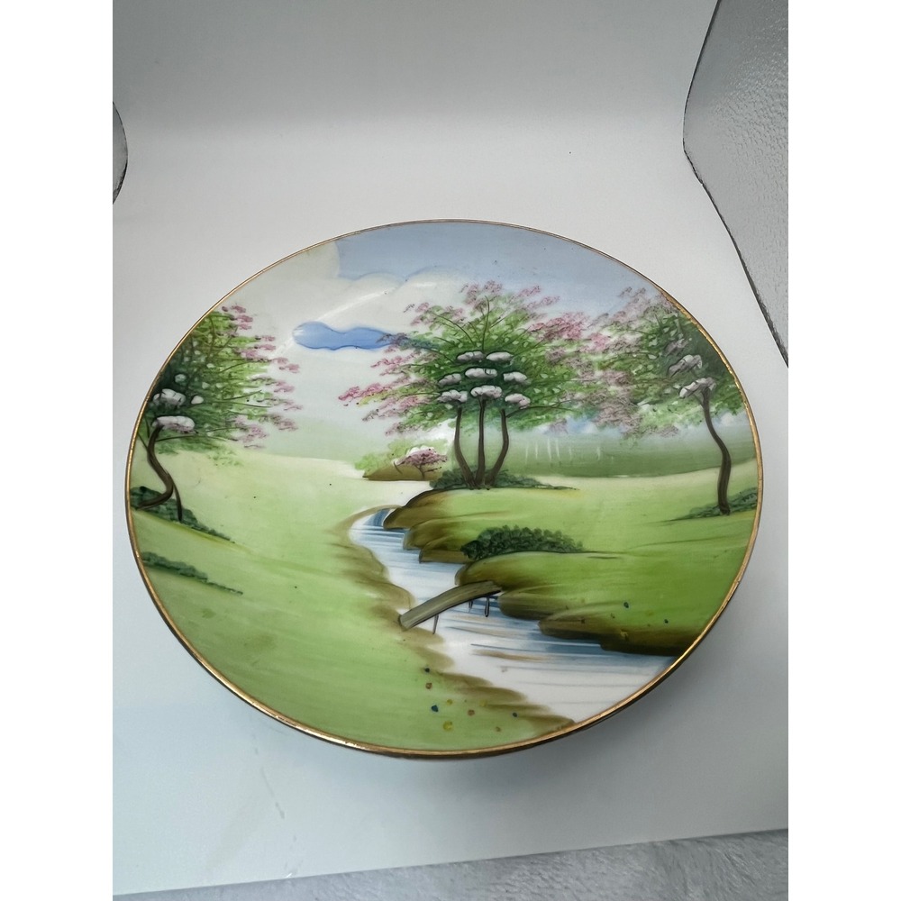 Vintage Japan Porcelain Wall Platter Hand Painted Cherry Blossoms Stream Bridge